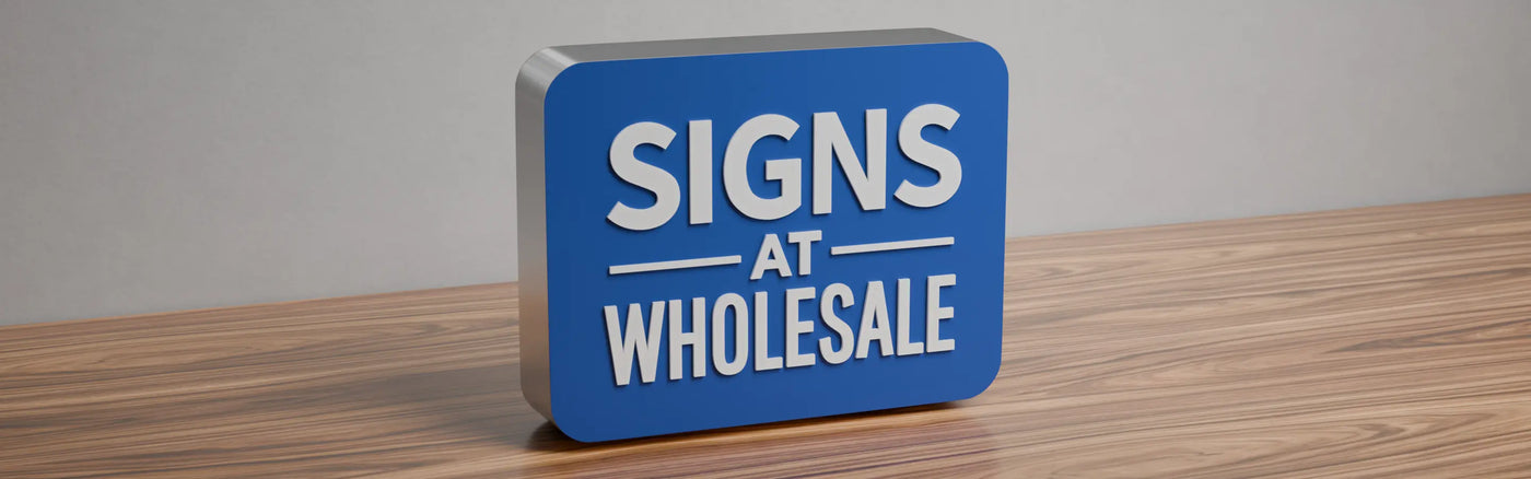 Off push through acrylic lightbox sign with raised 'SIGNS AT WHOLESALE' letters in white on a blue background, placed on a wooden surface against a plain grey wall.