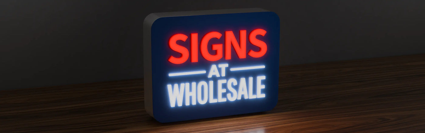 On push through acrylic lightbox sign with illuminated 'SIGNS AT WHOLESALE' letters in red and white, glowing against a blue background on a wooden surface with a dark wall.
