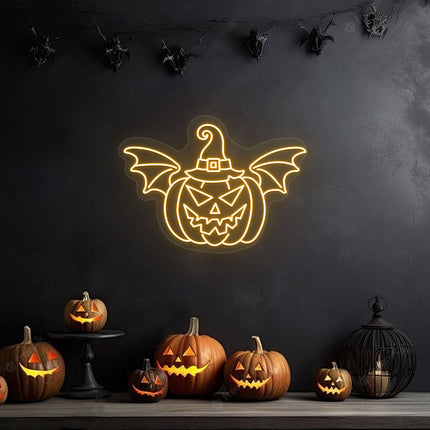 Scary Pumpkin With Hat And Wings Neon Sign | Indoor | Wall Mounting