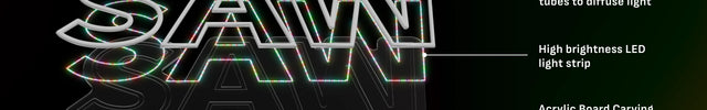 Diagram of RGB LED neon sign construction showing the word 'SAW' with LED strips in silicone tubes, acrylic board carving, and labeled components