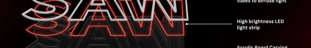 Diagram of an LED neon sign spelling 'SAW', showing construction details with labeled sections for silicone-wrapped LEDs, high brightness LED strip, and acrylic board carving