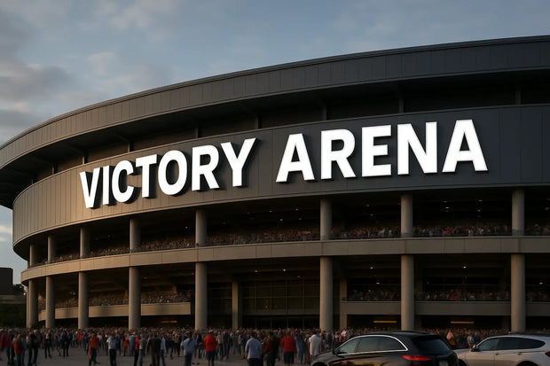 Victory Arena stadium exterior sign with crowd