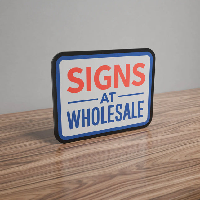 Off Rectangular ultrathin lightbox sign displaying the text 'SIGNS AT WHOLESALE' in bold red and blue on a solid royal blue background, shown as a color swatch mockup