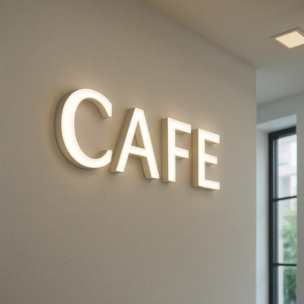 Illuminated café wall sign with modern lettering