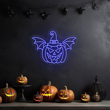 Scary Pumpkin With Hat And Wings Neon Sign | Indoor | Wall Mounting