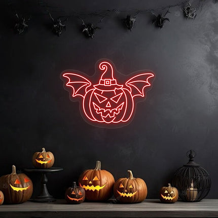Scary Pumpkin With Hat And Wings Neon Sign | Indoor | Wall Mounting