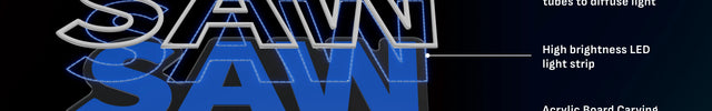 Diagram showing the construction of an illuminated acrylic sign spelling 'SAW' with labeled LEDs in silicone tubes, high brightness LED strip, and acrylic board carving